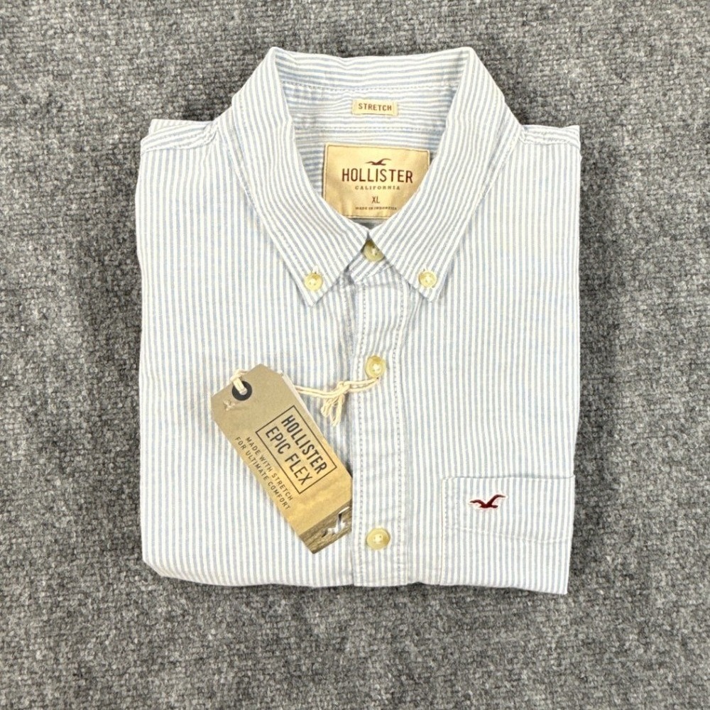 Hollister Epic Flex Oxford Shirt Mens XL Blue White Stripe Stretch NWT